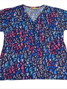 Scrub Top Leopard Cheetah Blue Pink Purple Shirt  Womens Scrubs Med WonderWink